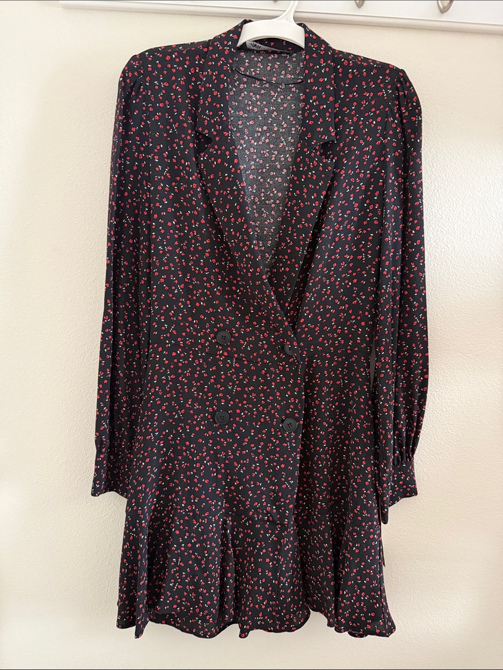 Zara Black Long-Sleeve Mini Dress with Red Floral Print